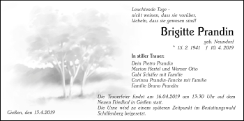 Traueranzeige von Brigitte Prandin von Giessener Allgemeine, Alsfelder Allgemeine