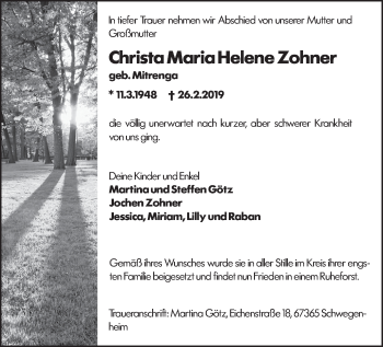 Traueranzeige von Christa Maria Helene Zohner von Giessener Allgemeine, Alsfelder Allgemeine