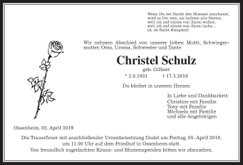 Traueranzeige von Christel Schulz von Wetterauer Zeitung