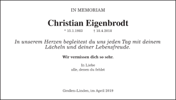 Traueranzeige von Christian Eigenbrodt von Giessener Allgemeine, Alsfelder Allgemeine