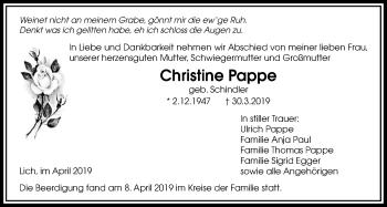 Traueranzeige von Christine Pappe von Licher Wochenblatt