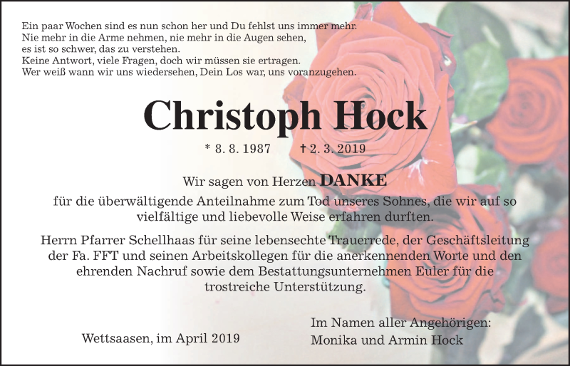  Traueranzeige für Christoph Hock vom 06.04.2019 aus Alsfelder Allgemeine