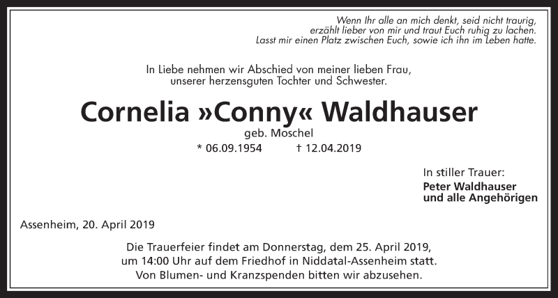  Traueranzeige für Cornelia Waldhauser vom 20.04.2019 aus Wetterauer Zeitung