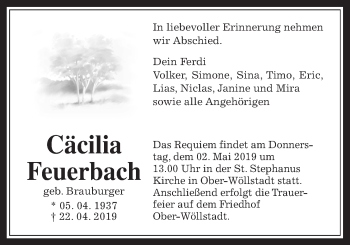 Traueranzeige von Cäcilia Feuerbach von Wetterauer Zeitung