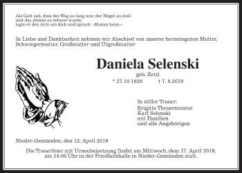 Traueranzeige von Daniela Selenski von Alsfelder Allgemeine