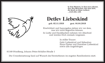 Traueranzeige von Detlev Liebeskind von Wetterauer Zeitung