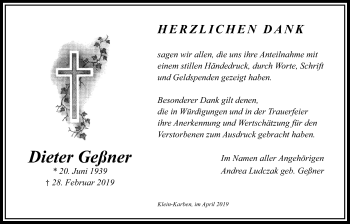 Traueranzeige von Dieter Geßner von Bad Vilbel/Karben