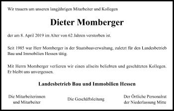 Traueranzeige von Dieter Momberger von Wetterauer Zeitung, Giessener Allgemeine, Alsfelder Allgemeine