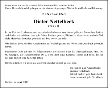 Traueranzeige von Dieter Nettelbeck von Giessener Allgemeine, Alsfelder Allgemeine