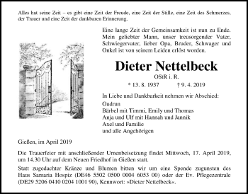 Traueranzeige von Dieter Nettelbeck von Giessener Allgemeine, Alsfelder Allgemeine