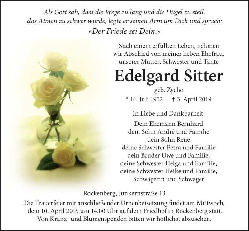  Traueranzeige für Edelgard Sitter vom 06.04.2019 aus Wetterauer Zeitung