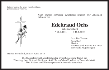 Traueranzeige von Edeltraud Ochs von Giessener Allgemeine, Alsfelder Allgemeine