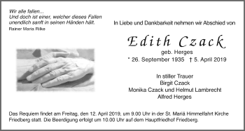 Traueranzeige von Edith Czack von Wetterauer Zeitung