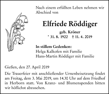 Traueranzeige von Elfriede Röddiger von Giessener Allgemeine, Alsfelder Allgemeine
