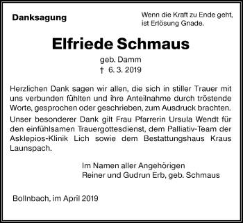 Traueranzeige von Elfriede Schmaus von Giessener Allgemeine, Alsfelder Allgemeine