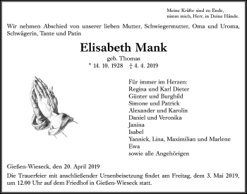 Traueranzeige von Elisabeth Mank von Giessener Allgemeine, Alsfelder Allgemeine