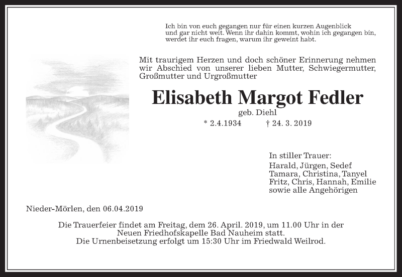  Traueranzeige für Elisabeth Margot Fedler vom 06.04.2019 aus Wetterauer Zeitung