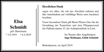 Traueranzeige von Elsa Schmidt von Licher Wochenblatt
