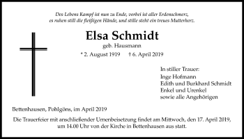 Traueranzeige von Elsa Schmidt von Licher Wochenblatt
