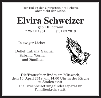 Traueranzeige von Elvira Schweizer von Wetterauer Zeitung