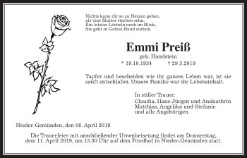 Traueranzeige von Emmi Preiß von Alsfelder Allgemeine