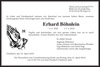 Traueranzeige von Erhard Böhnlein von Giessener Allgemeine, Alsfelder Allgemeine