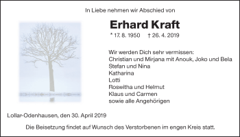Traueranzeige von Erhard Kraft von Giessener Allgemeine, Alsfelder Allgemeine