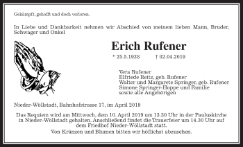 Traueranzeige von Erich Rufener von Wetterauer Zeitung