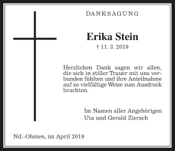 Traueranzeige von Erika Stein von Mücker Stimme