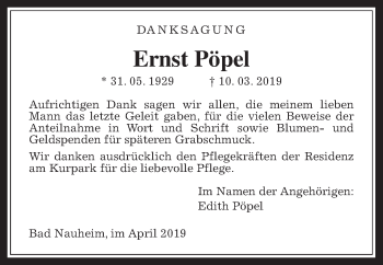 Traueranzeige von Ernst Pöpel von Wetterauer Zeitung