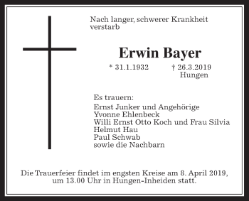 Traueranzeige von Erwin Bayer von Giessener Allgemeine, Alsfelder Allgemeine