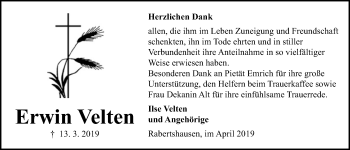 Traueranzeige von Erwin Velten von Licher Wochenblatt