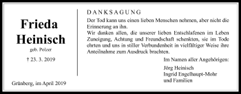 Traueranzeige von Frieda Heinisch von Giessener Allgemeine, Alsfelder Allgemeine