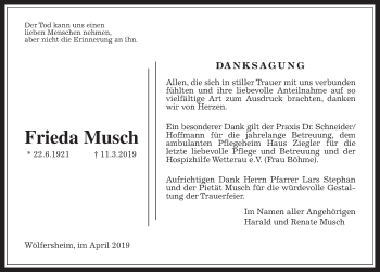 Traueranzeige von Frieda Musch von Wetterauer Zeitung