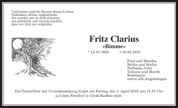 Traueranzeige von Fritz Clarius von Wetterauer Zeitung