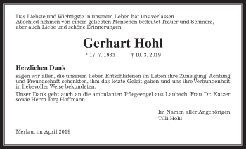 Traueranzeige von Gerhart Hohl von Alsfelder Allgemeine