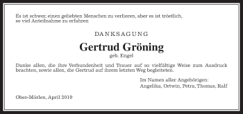 Traueranzeige von Gertrud Gröning von Wetterauer Zeitung