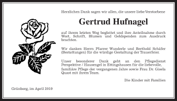 Traueranzeige von Gertrud Hufnagel von Giessener Allgemeine, Alsfelder Allgemeine