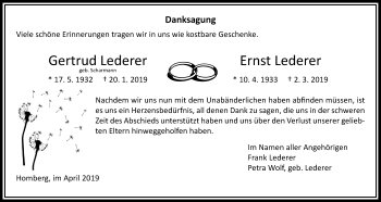 Traueranzeige von Gertrud Lederer von Alsfelder Allgemeine
