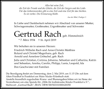 Traueranzeige von Gertrud Rach von Bad Vilbel/Karben