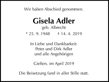 Traueranzeige von Gisela Adler von Giessener Allgemeine, Alsfelder Allgemeine