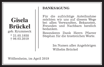 Traueranzeige von Gisela Brückel von Wetterauer Zeitung