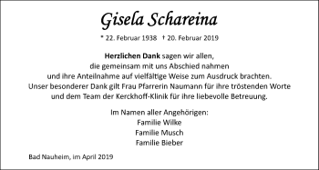 Traueranzeige von Gisela Schareina von Wetterauer Zeitung