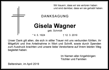 Traueranzeige von Gisela Wagner von Giessener Allgemeine, Alsfelder Allgemeine