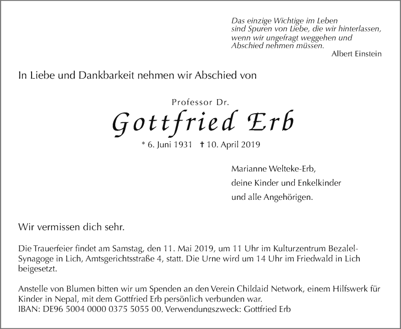  Traueranzeige für Gottfried Erb vom 20.04.2019 aus Giessener Allgemeine, Alsfelder Allgemeine