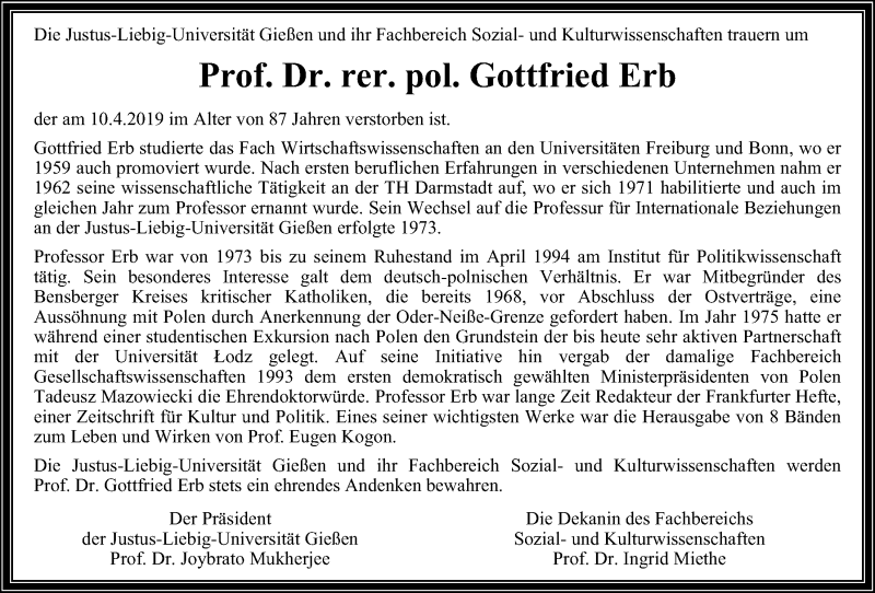  Traueranzeige für Gottfried Erb vom 30.04.2019 aus Giessener Allgemeine, Alsfelder Allgemeine