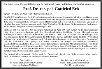Traueranzeige von Gottfried Erb von Giessener Allgemeine, Alsfelder Allgemeine