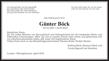 Traueranzeige von Günter Böck von Giessener Allgemeine, Alsfelder Allgemeine