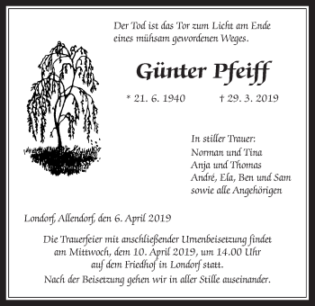 Traueranzeige von Günter Pfeiff von Giessener Allgemeine, Alsfelder Allgemeine