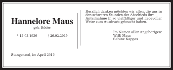Traueranzeige von Hannelore Maus von Giessener Allgemeine, Alsfelder Allgemeine